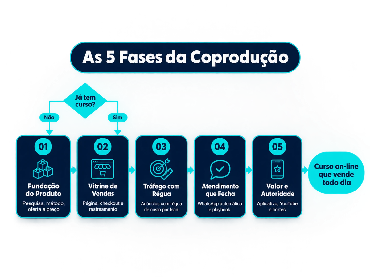 Diagrama das 5 fases da coprodução: Fundação do Produto, Vitrine de Vendas, Tráfego com Régua, Atendimento que Fecha e Valor e Autoridade